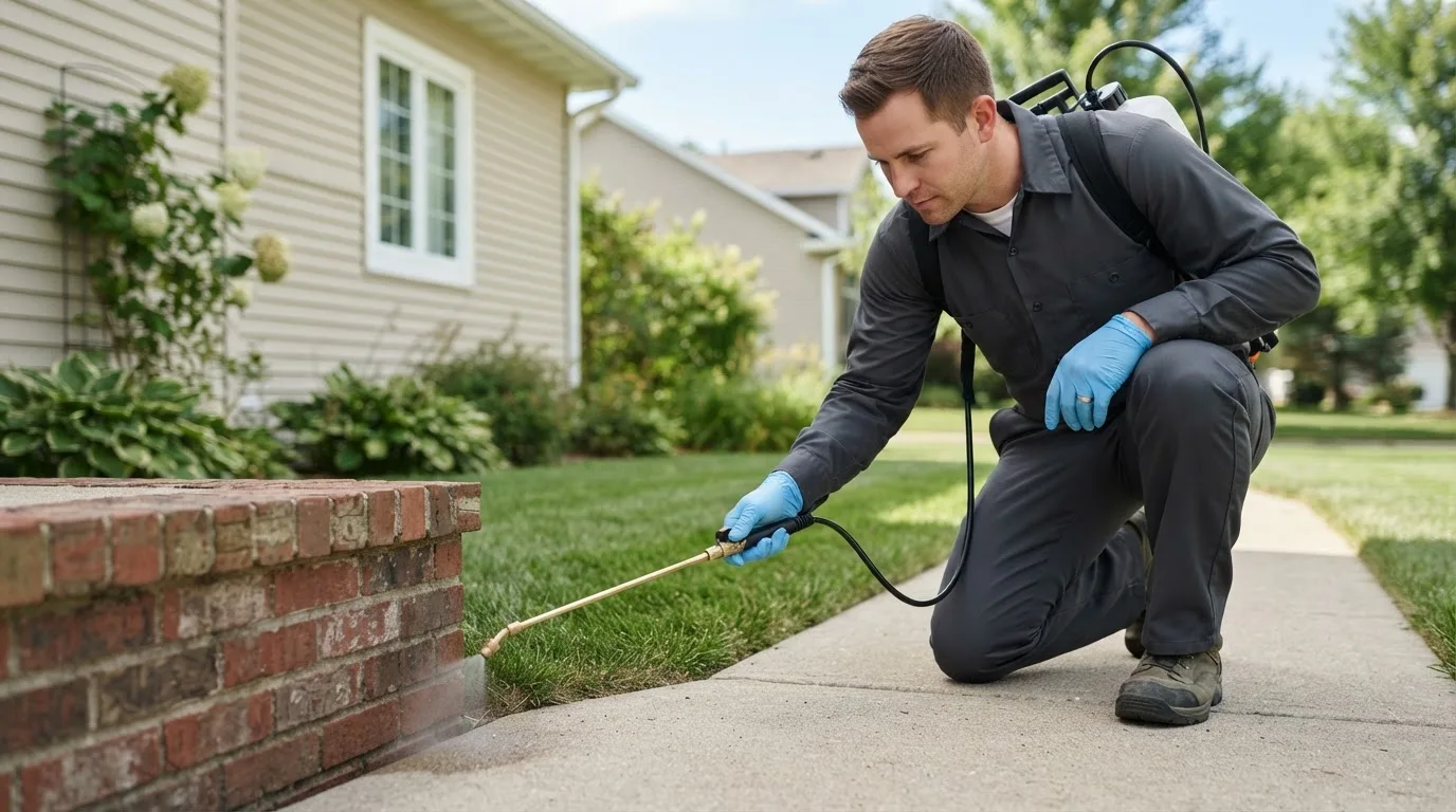 Pest control technician treating a home near Wasco, OR